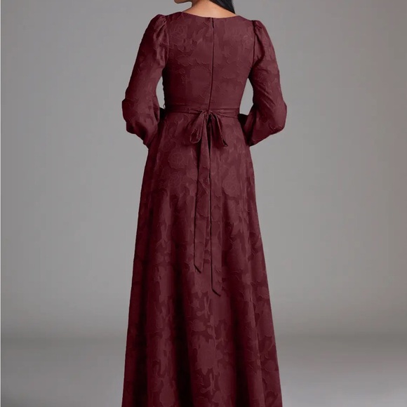 Azazie Burgundy Square-Neck Long Sleeve Maxi Dress with Slit - Picture 2 of 5